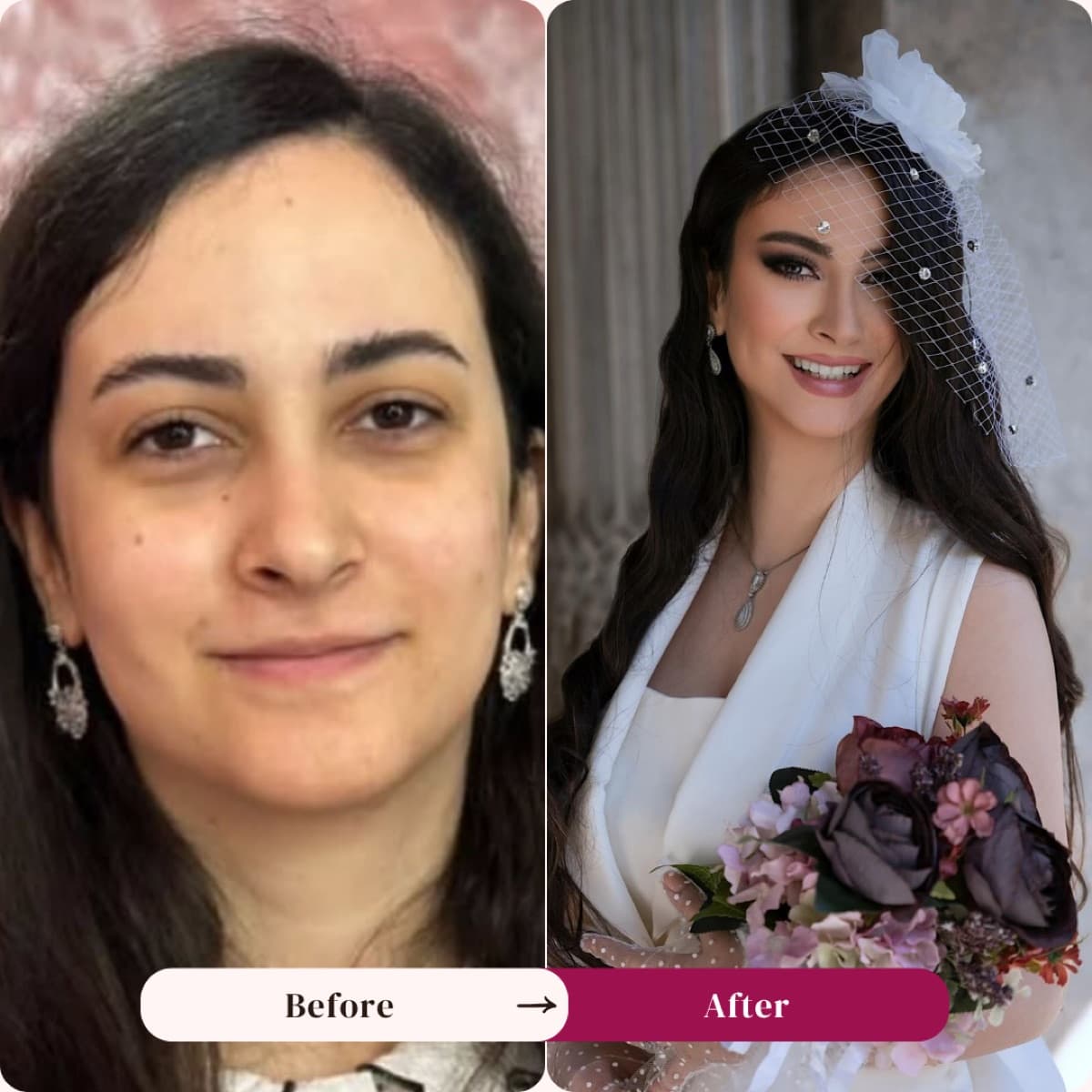 Bridal makeup before and after, birdcage veil soft glam, Los Angeles | LA Makeup Studio
