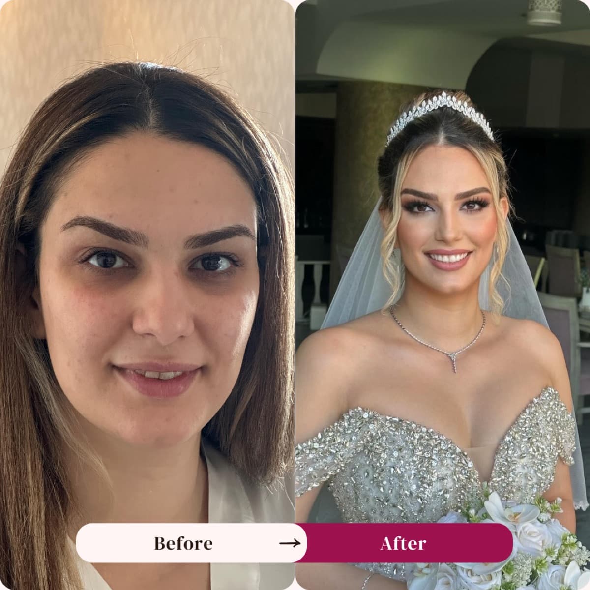 Bridal makeup before and after, tiara and veil glam, Los Angeles | LA Makeup Studio