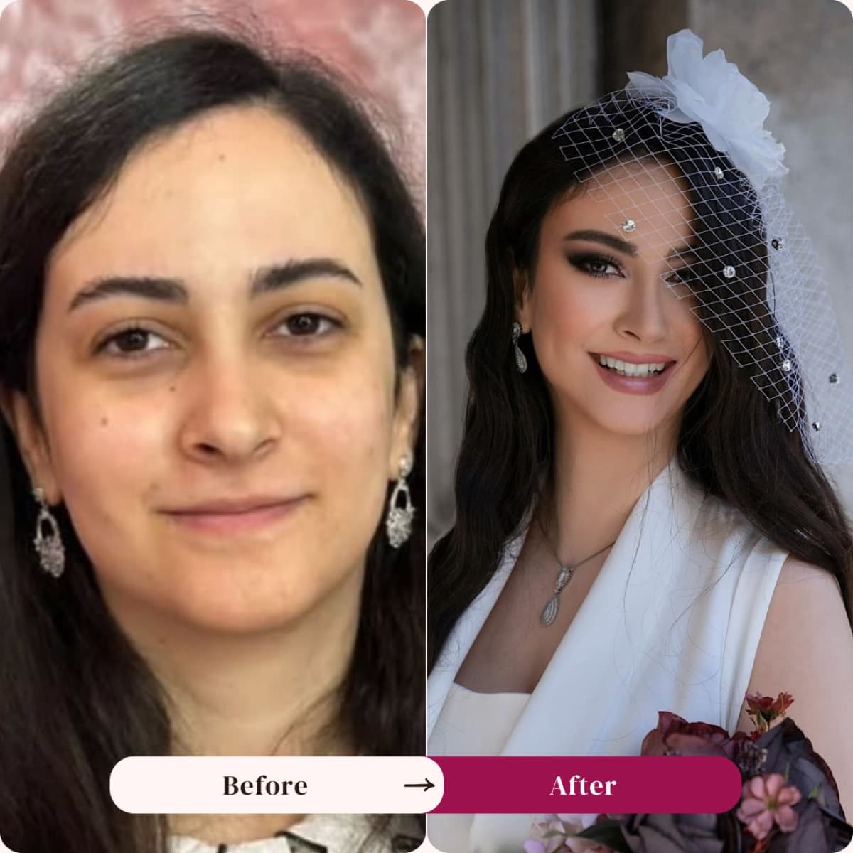 Bridal makeup before and after, veil and smoky eye, Los Angeles | LA Makeup Studio