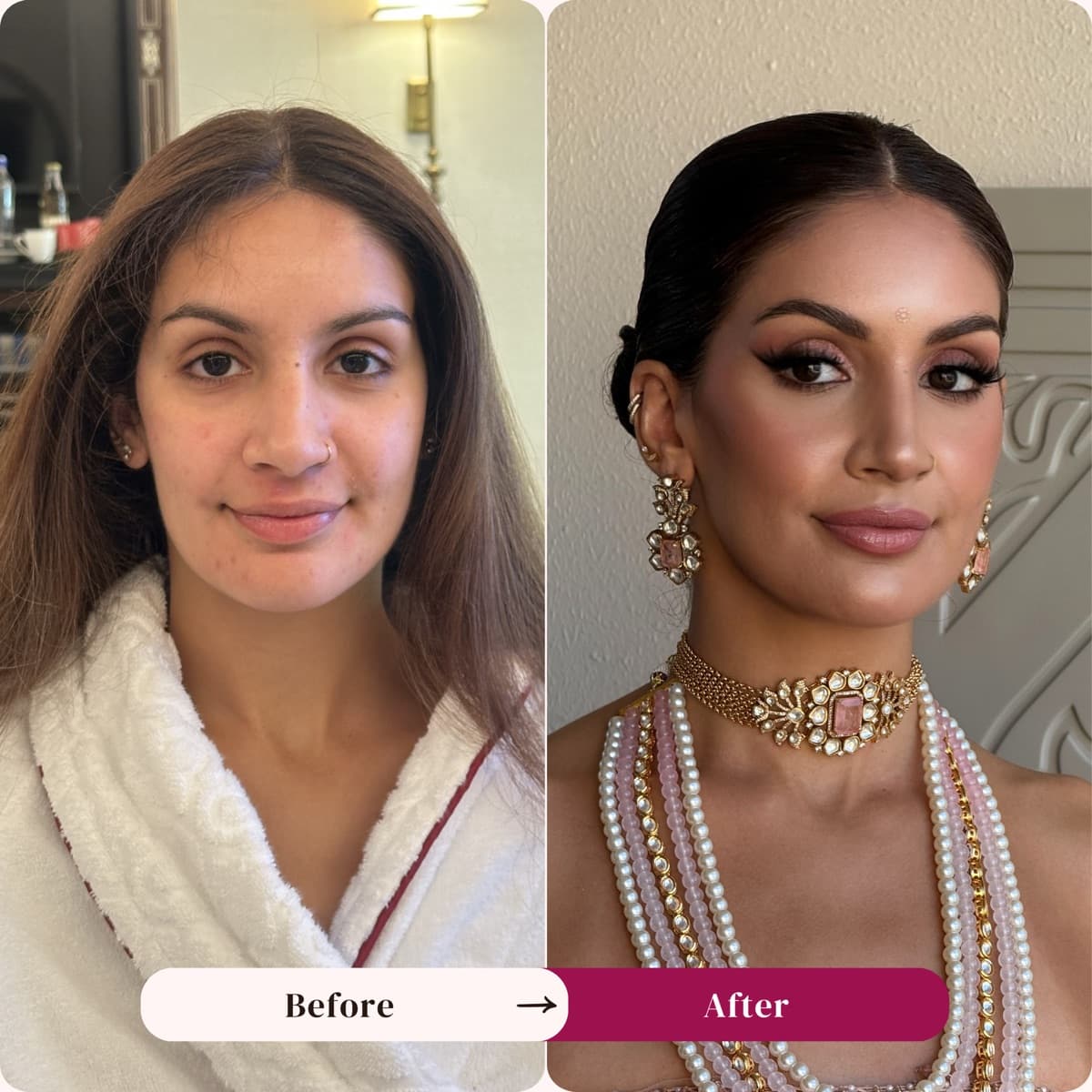 South Asian bridal makeup before and after, pearl jewelry, Los Angeles | LA Makeup Studio