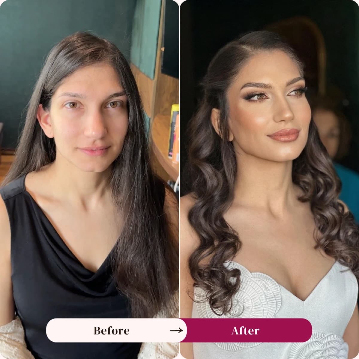 Bridal makeup and hair before and after, soft Hollywood waves, Los Angeles | LA Makeup Studio