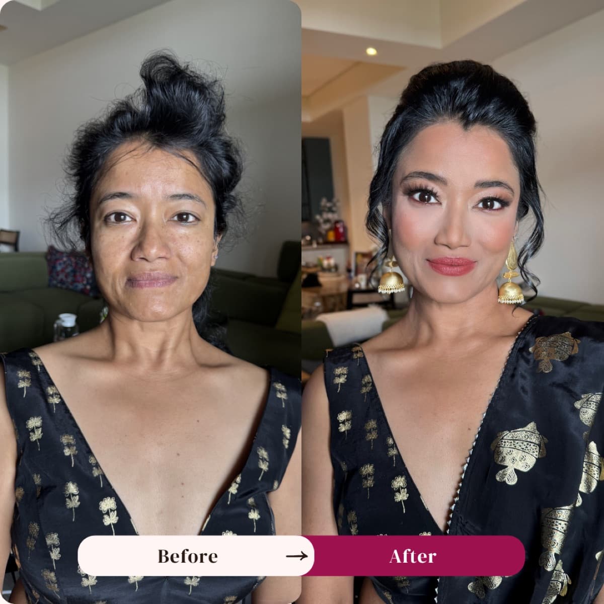 Event makeup before and after, gold jewelry glam, Los Angeles | LA Makeup Studio