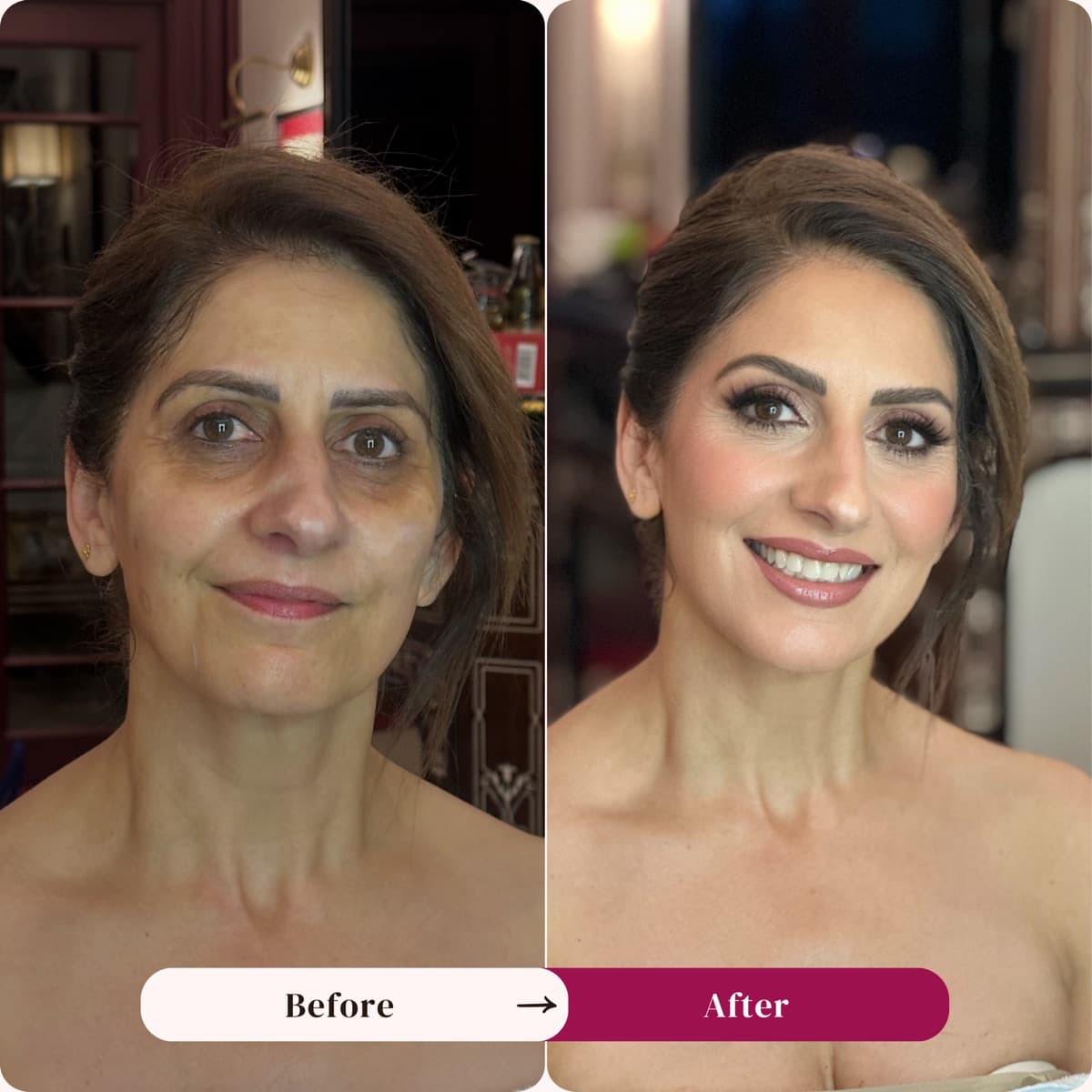Event makeup before and after, soft radiant glam, Los Angeles | LA Makeup Studio