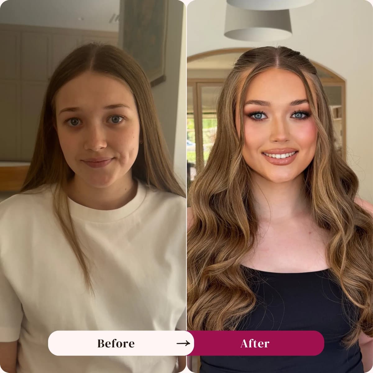 Hair styling before and after, curls and extensions, Los Angeles | LA Makeup Studio