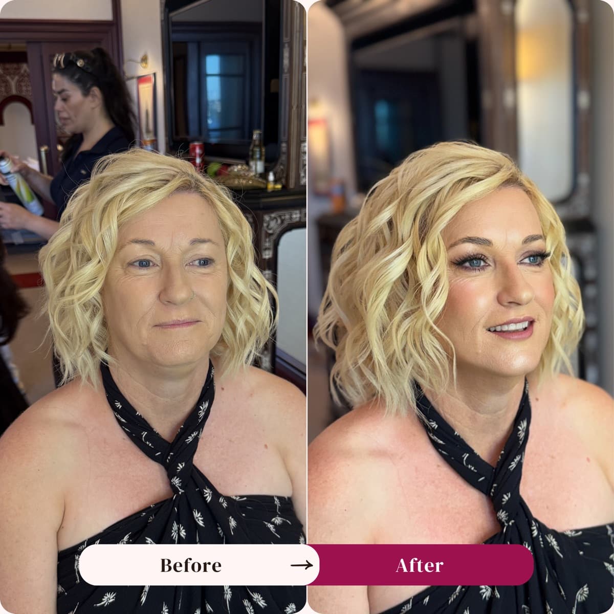 Hair and makeup before and after, blonde curls, Los Angeles | LA Makeup Studio