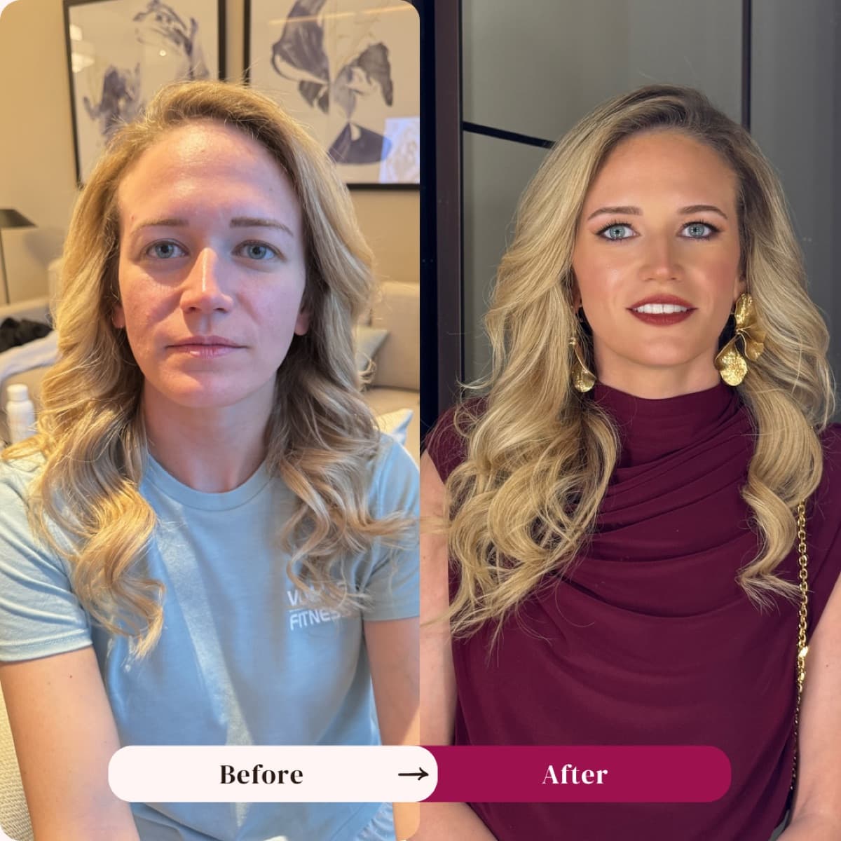 Hair and makeup before and after, voluminous curls, Los Angeles | LA Makeup Studio