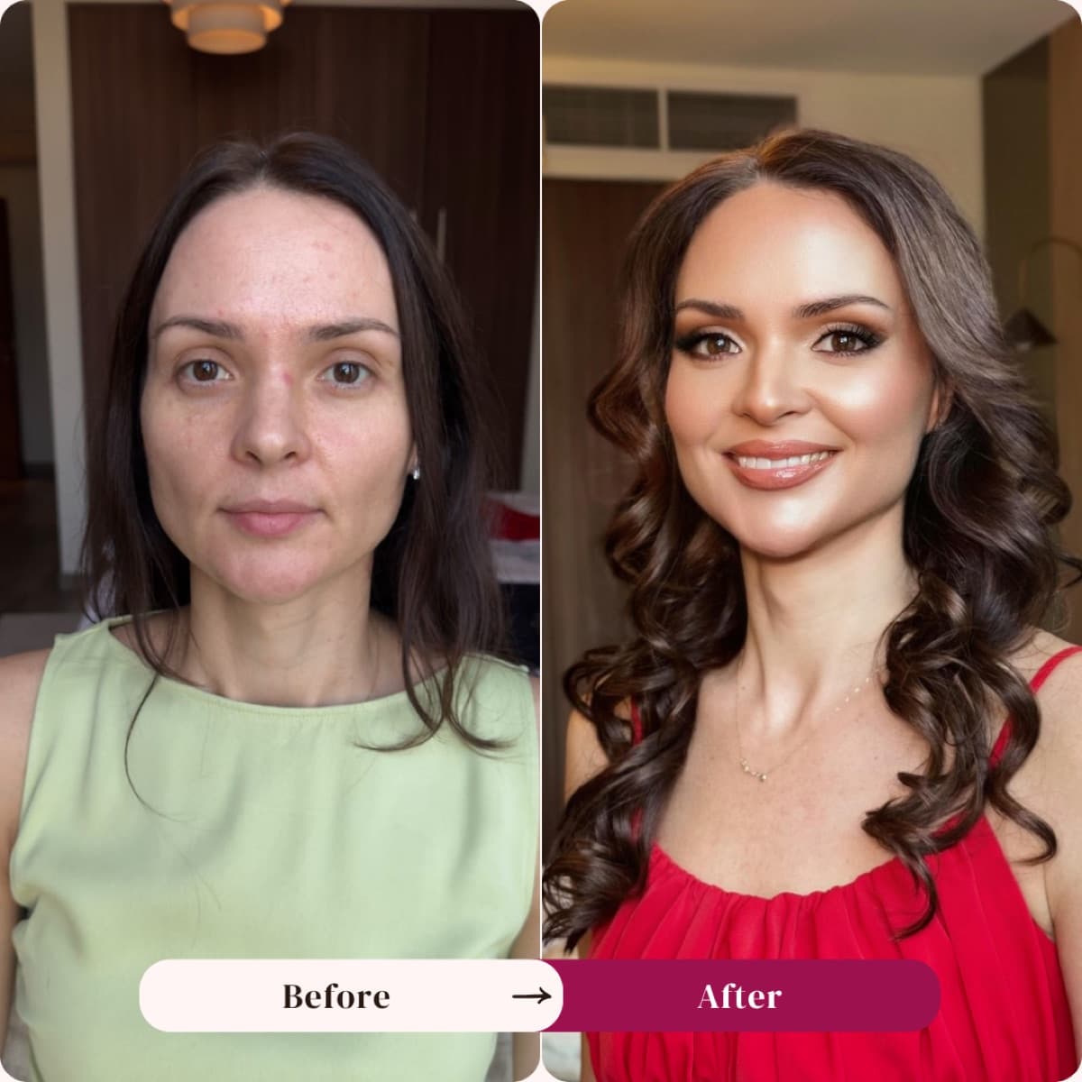 Hair and makeup before and after, glowing curls, Los Angeles | LA Makeup Studio