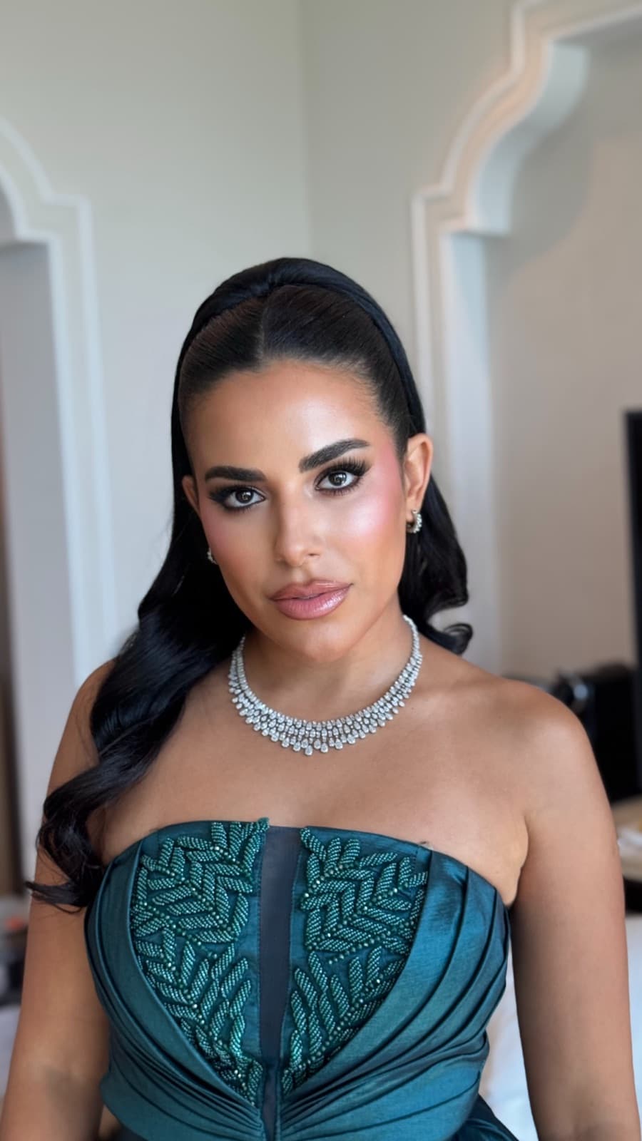 Event glam makeup emerald gown Los Angeles | LA Makeup Studio