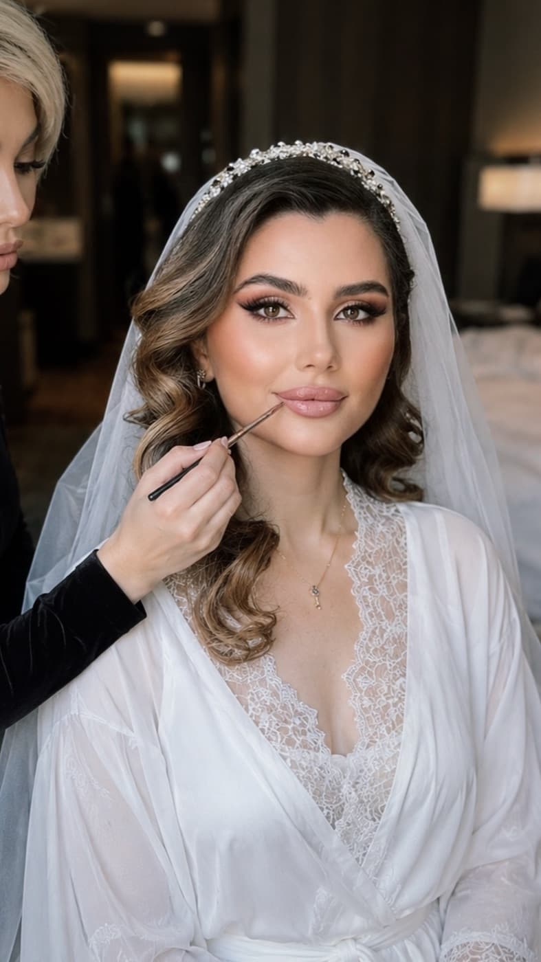 Bride in a veil getting bridal makeup and hair in a Los Angeles hotel suite | LA Makeup Studio